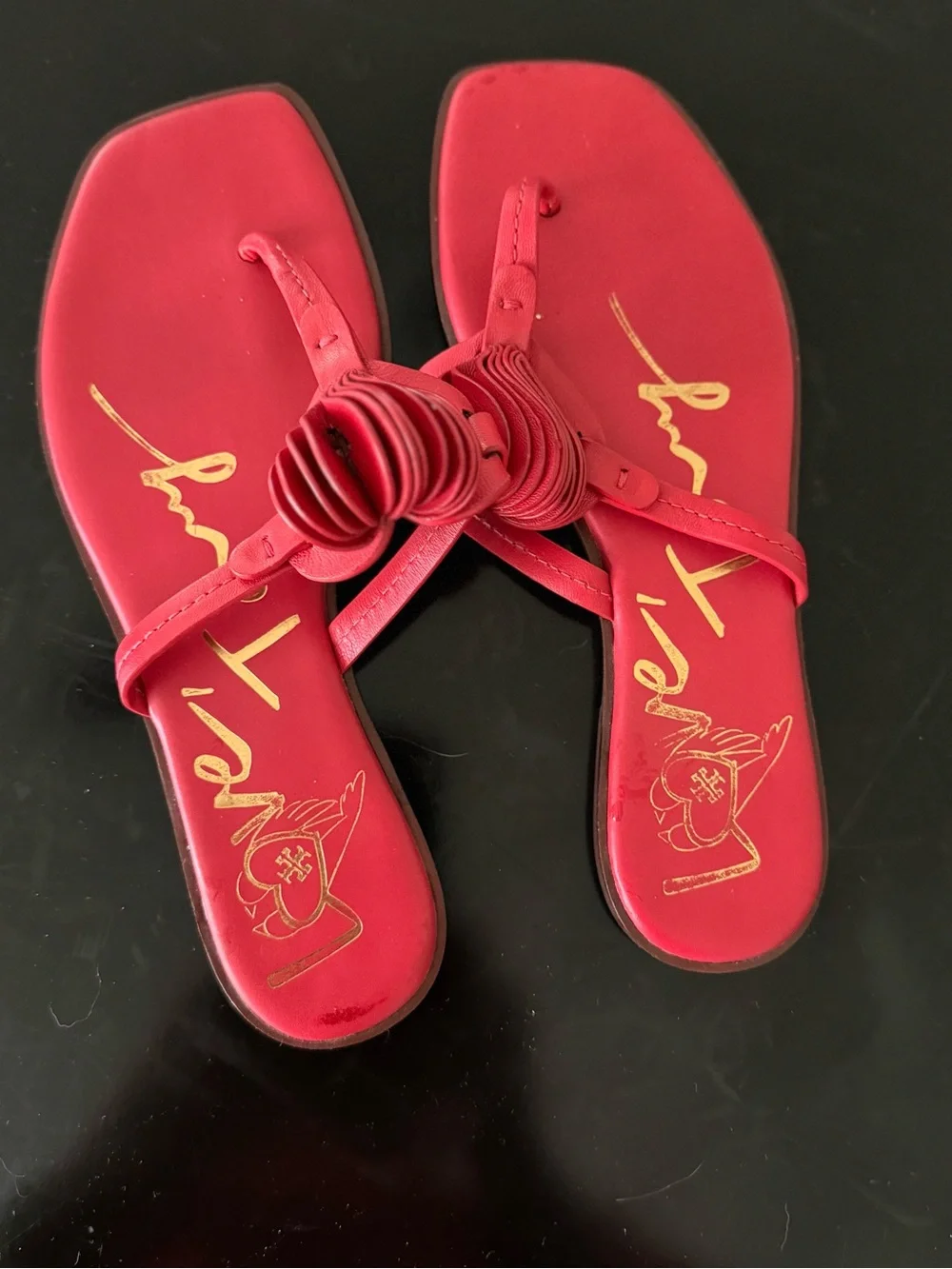 Tory Burch Red Knotted Thong Sandals with Gold Script Accent